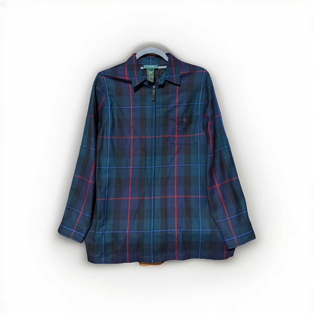 Lauren Ralph Lauren Full Zip Up Light 100%Wool Shirt Green Tartan Plaid Large